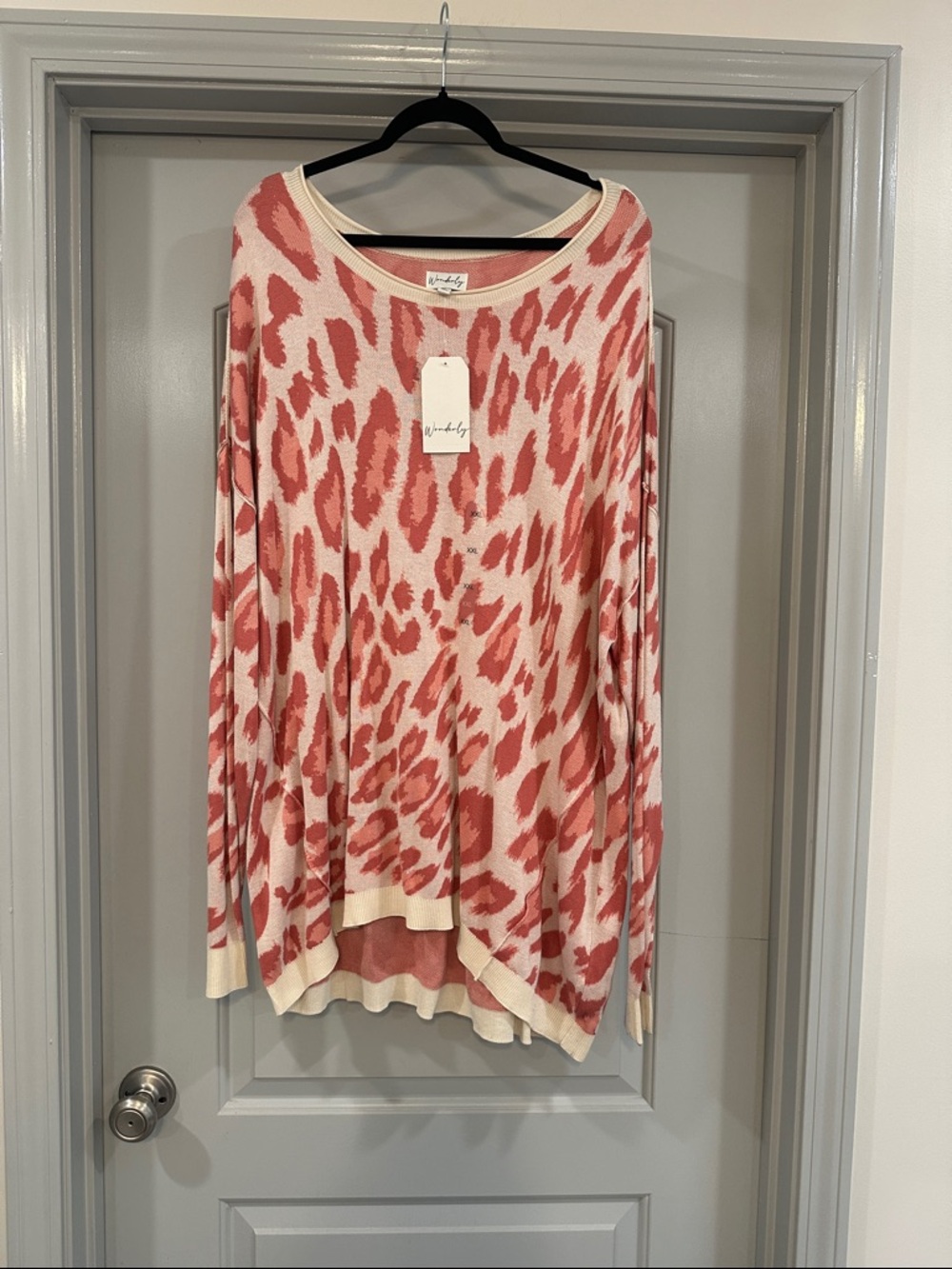 Wonderly Cream and Coral Animal Print Scoop Neck Sweater